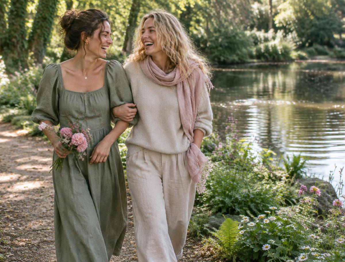 Two women walking arm in arm along a path beside a calm pond