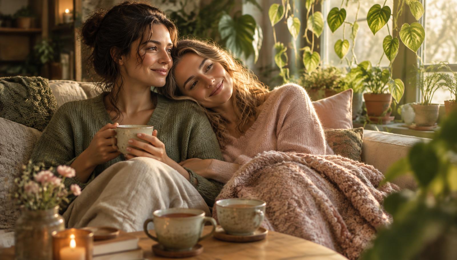 Two women resting together on a sofa surrounded by plants in warm morning light