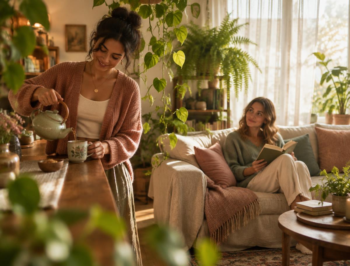 Two women at home together in a sunlit, plant-filled living room